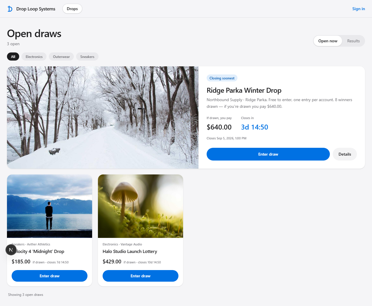 The Drop Loop storefront: open draws with prices and live countdowns
